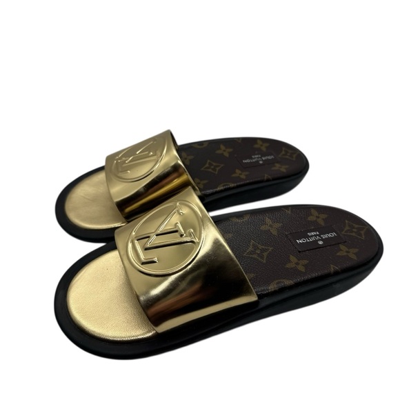 LOUIS VUITTON Monogram Mules Gold Logo Sunbath Flat Slides MA0157 Size 36 US 6 - Picture 1 of 14